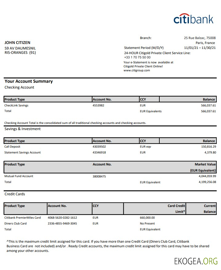 Modèle de relevé bancaire France Citibank au format de fichier .xls et .pdf